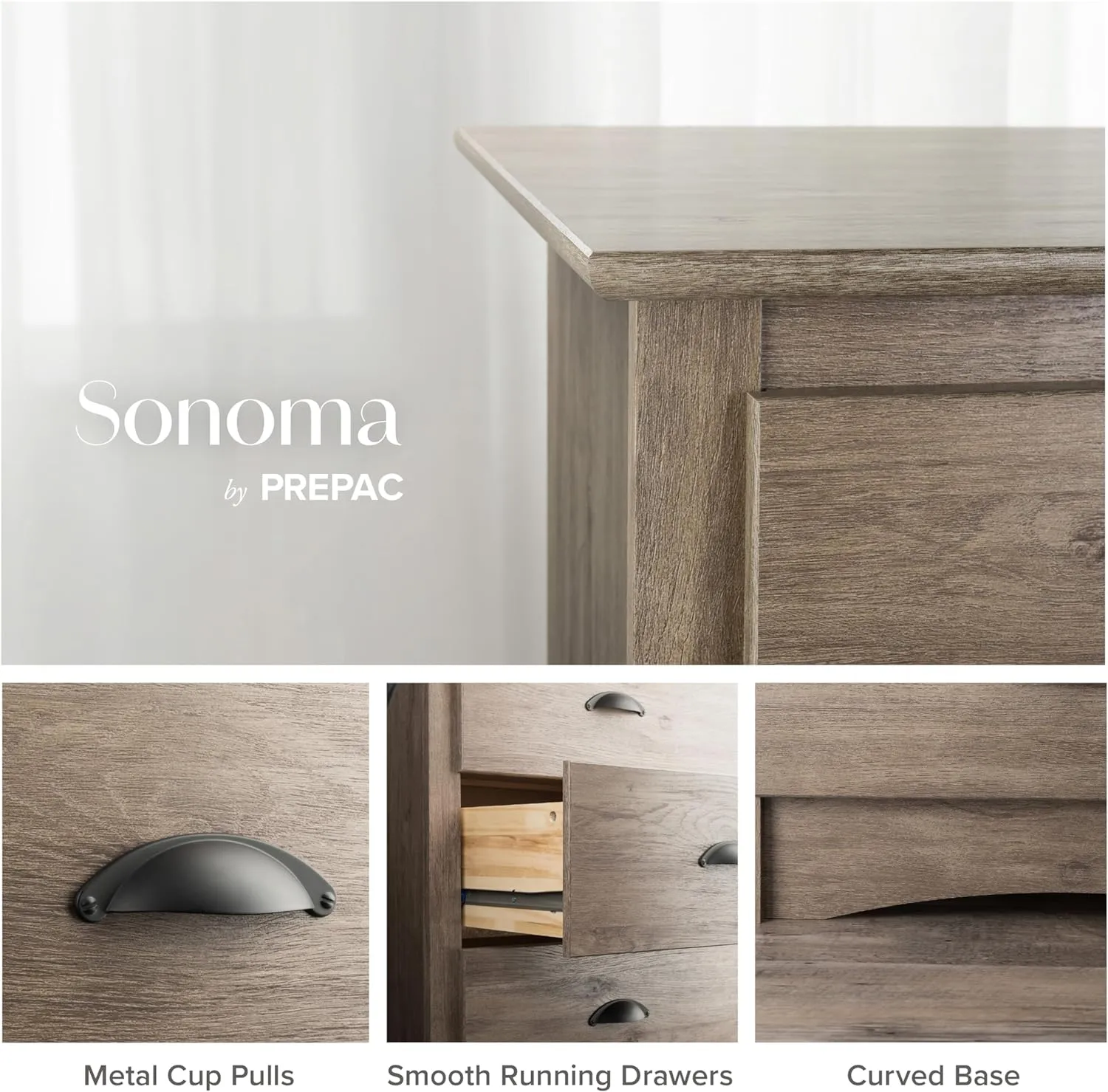 Prepac Sonoma Rustic 6-Drawer Dresser for Bedroom, Farmhouse Chest of Drawers for 17.5" D x 48" W x 29" H, Drifted Gray