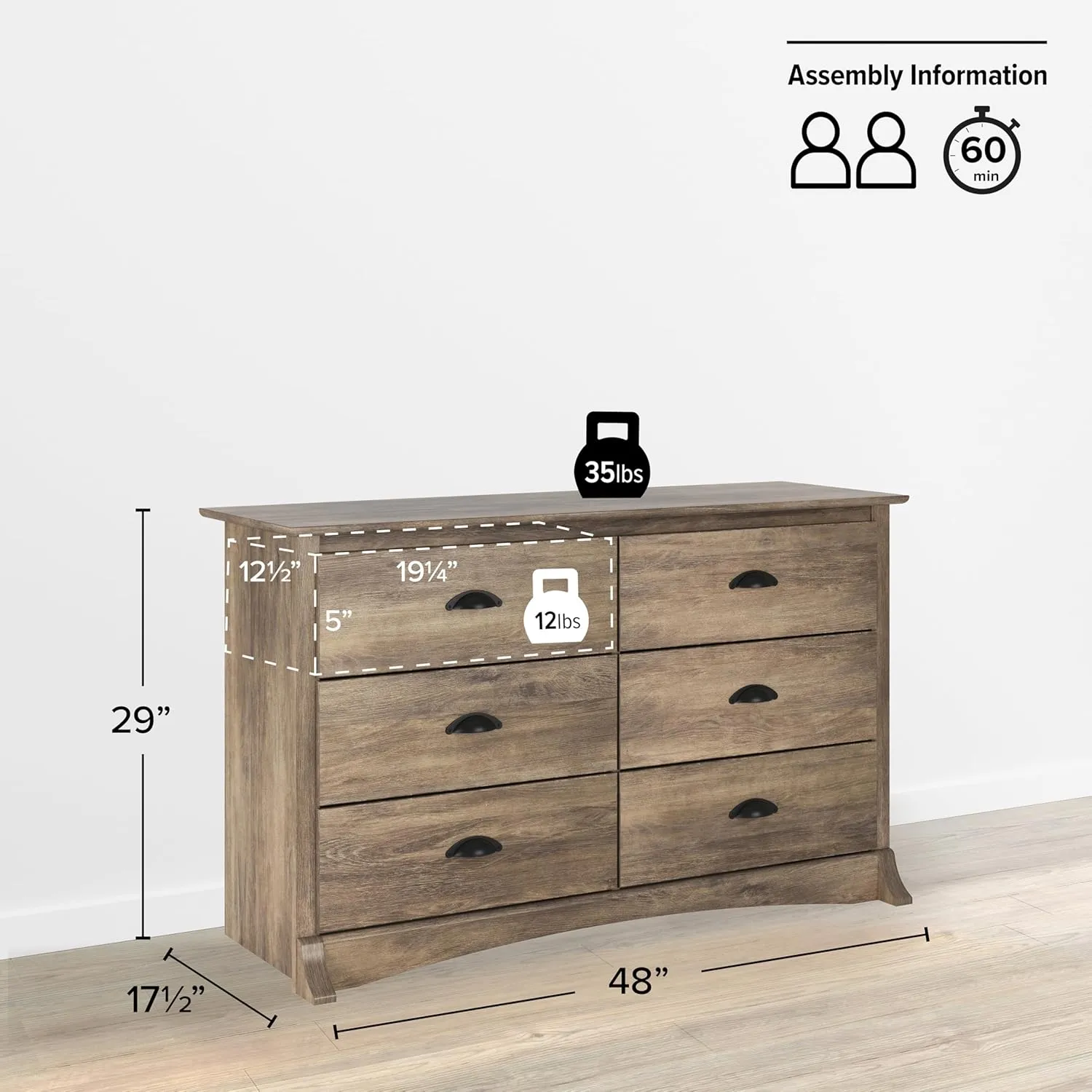 Prepac Sonoma Rustic 6-Drawer Dresser for Bedroom, Farmhouse Chest of Drawers for 17.5" D x 48" W x 29" H, Drifted Gray