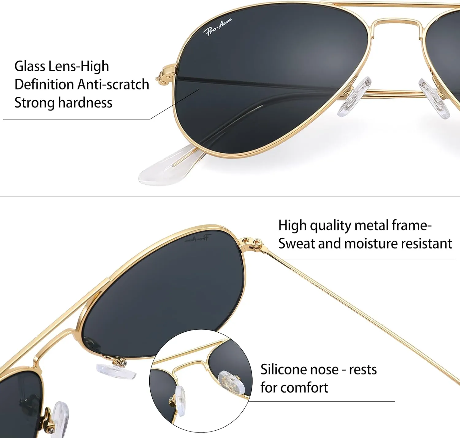Pro Acme Small Aviator Sunglasses Glass Lens, Classic Metal Frame UV400 Protection for Men Women, 52MM