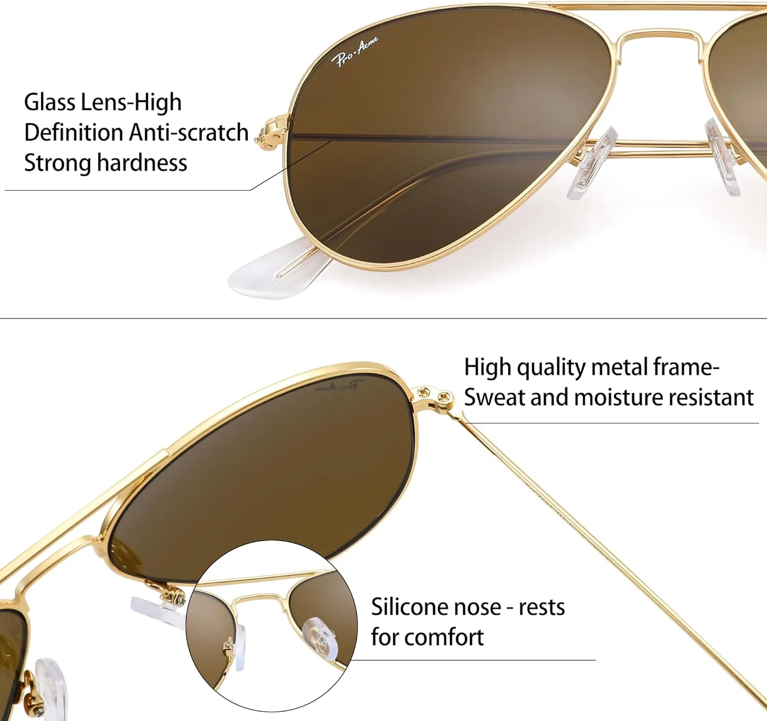 Pro Acme Small Aviator Sunglasses Glass Lens, Classic Metal Frame UV400 Protection for Men Women