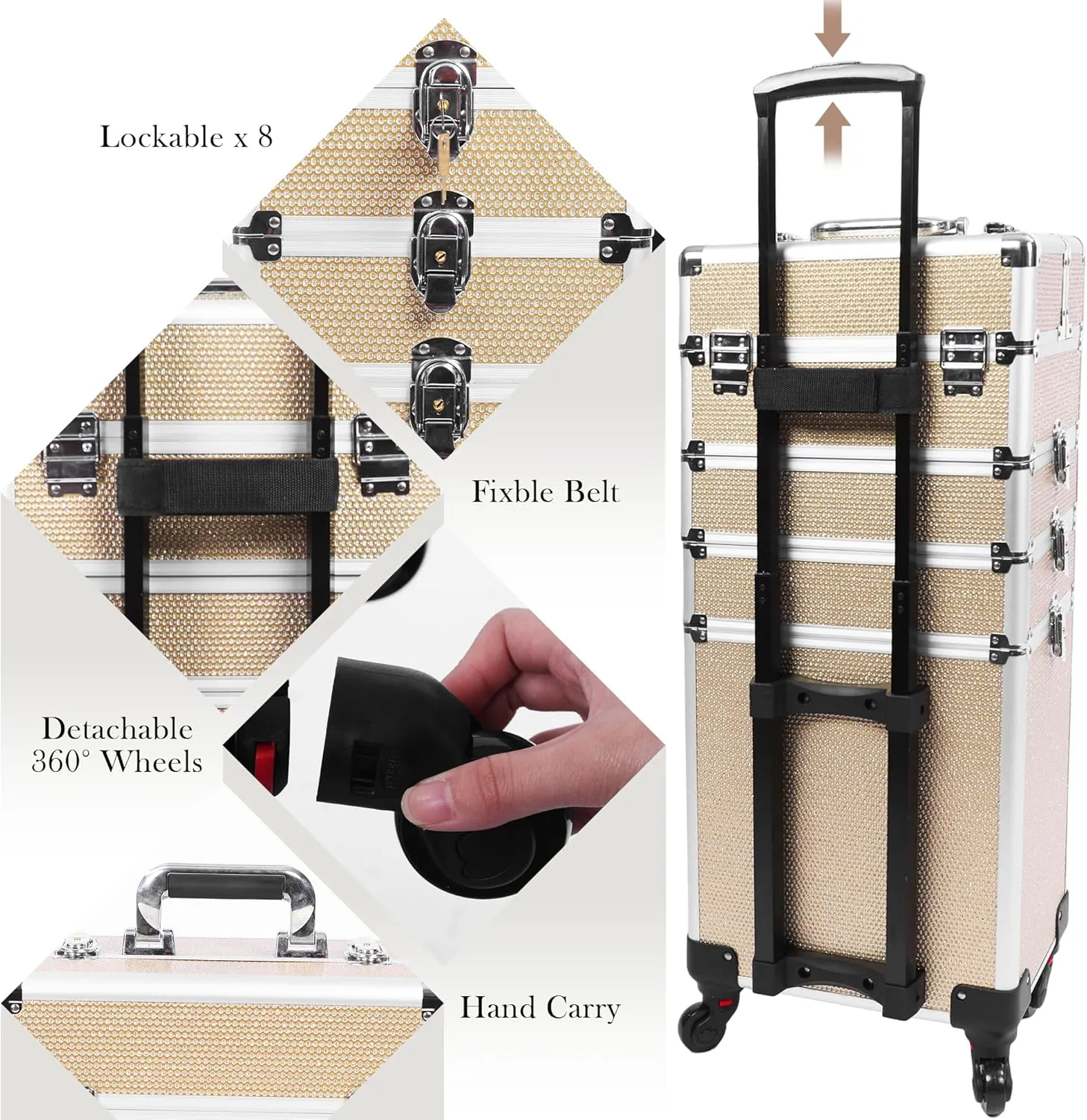 Professional Rolling Makeup Case with Wheels, 5-in-1 Makeup Train Case, Cosmetic Makeup Trolley Cart Travel Cosmetology Case On Wheels with Key for Hairstylists, Nail Tech (Gold Crystal)