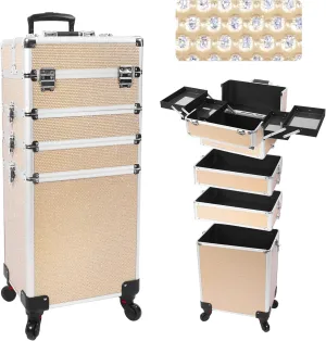 Professional Rolling Makeup Case with Wheels, 5-in-1 Makeup Train Case, Cosmetic Makeup Trolley Cart Travel Cosmetology Case On Wheels with Key for Hairstylists, Nail Tech (Gold Crystal)