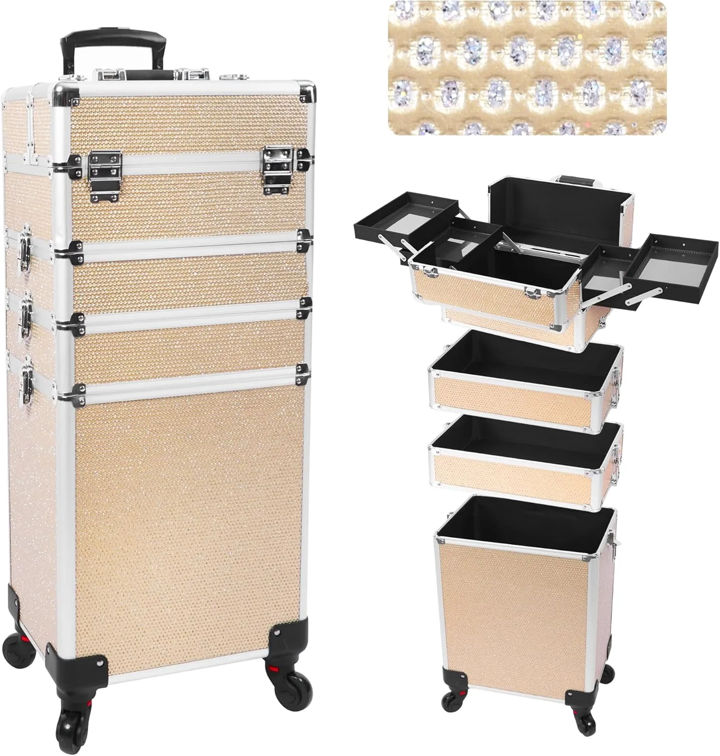 Professional Rolling Makeup Case with Wheels, 5-in-1 Makeup Train Case, Cosmetic Makeup Trolley Cart Travel Cosmetology Case On Wheels with Key for Hairstylists, Nail Tech (Gold Crystal)