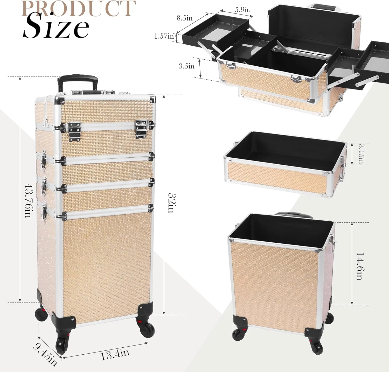 Professional Rolling Makeup Case with Wheels, 5-in-1 Makeup Train Case, Cosmetic Makeup Trolley Cart Travel Cosmetology Case On Wheels with Key for Hairstylists, Nail Tech (Gold Crystal)