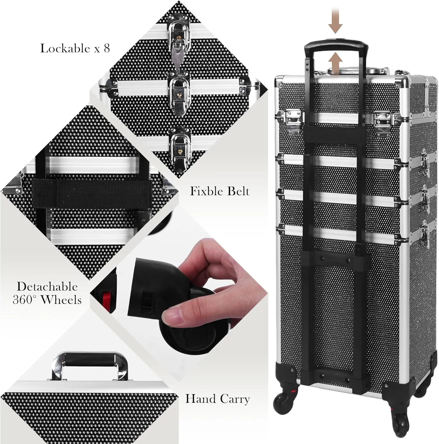 Professional Rolling Makeup Case with Wheels, 5-in-1 Makeup Train Case, Cosmetic Makeup Trolley Cart Travel Cosmetology Case On Wheels with Key for Hairstylists, Nail Tech(Black Crystal)