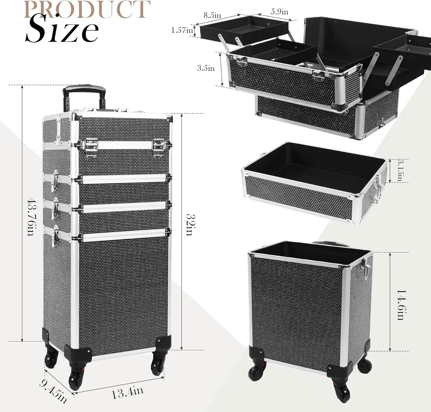 Professional Rolling Makeup Case with Wheels, 5-in-1 Makeup Train Case, Cosmetic Makeup Trolley Cart Travel Cosmetology Case On Wheels with Key for Hairstylists, Nail Tech(Black Crystal)