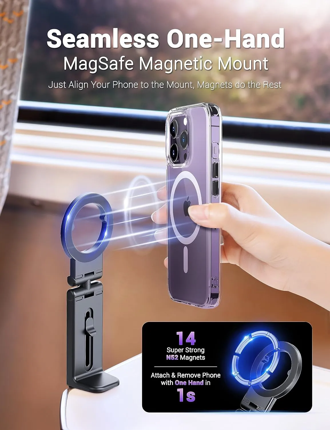 PROfezzion 2-Pack Magnetic Airplane Phone Holder for MagSafe, iPhone 16, 15, 14, 13, 12 & All Phones, Handsfree Phone Mount for Seat Tray Table, Travel Essential Must Have Accessories for Flying-Black