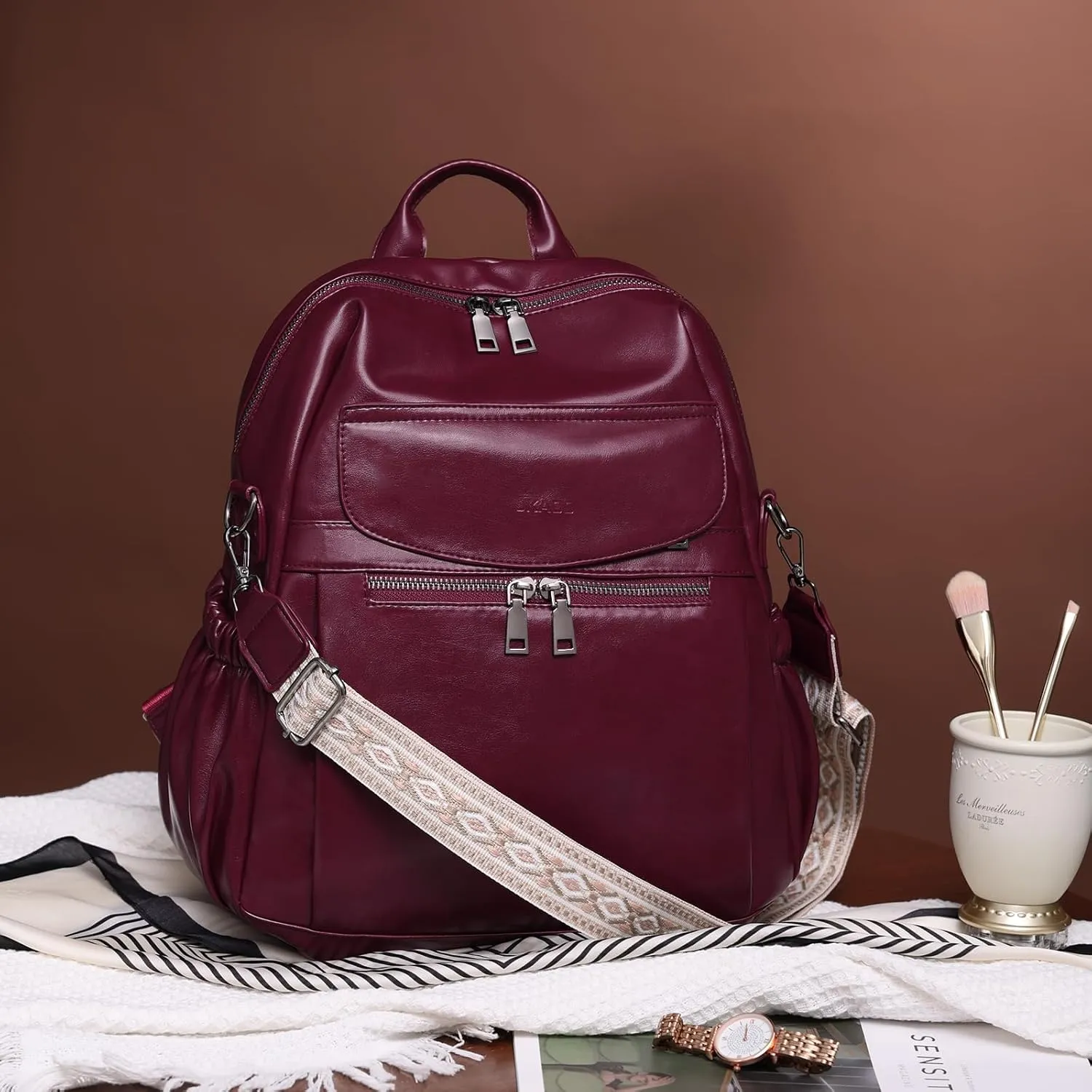 PU Leather Backpack Purse for Women, 12.9 Inch Ladies Fashion Backpack Purse Designer Convertible Travel Backpack (Wine Red)