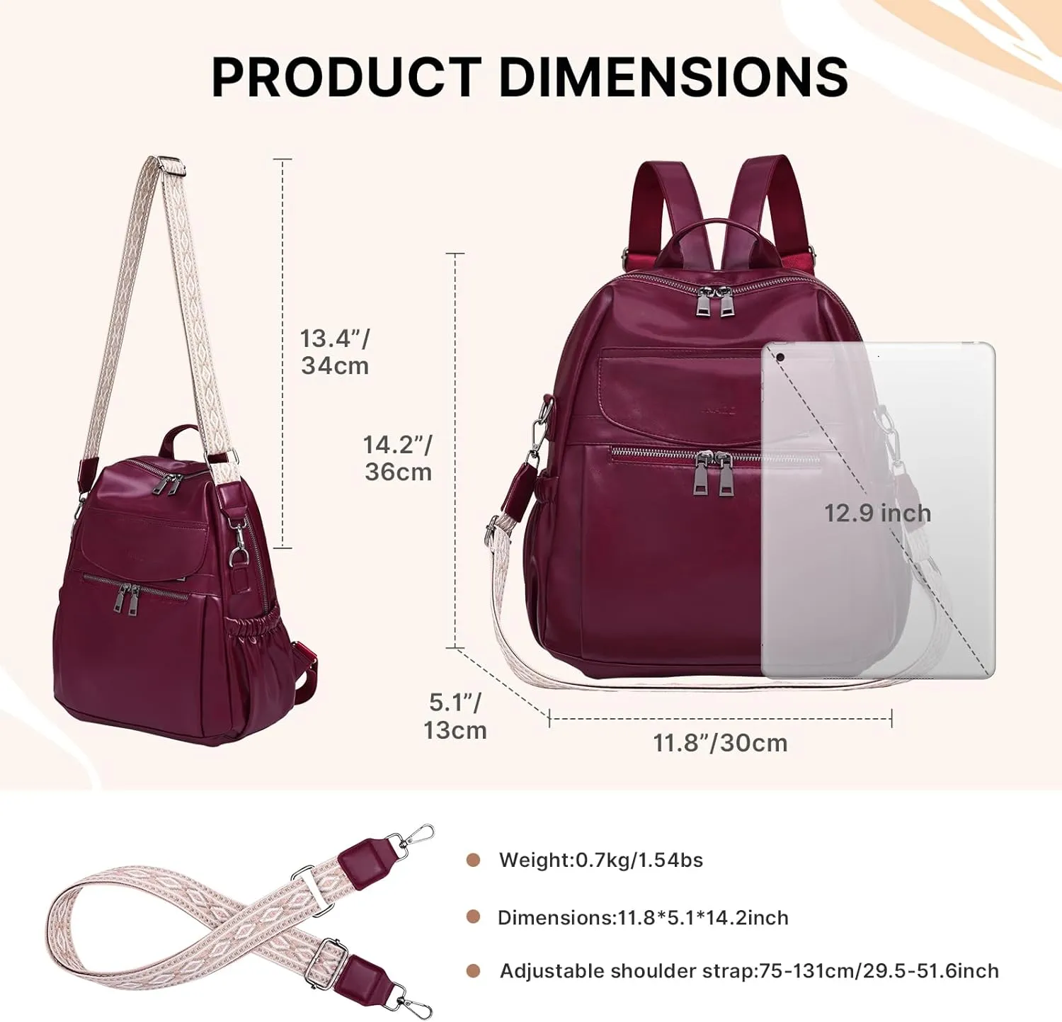 PU Leather Backpack Purse for Women, 12.9 Inch Ladies Fashion Backpack Purse Designer Convertible Travel Backpack (Wine Red)