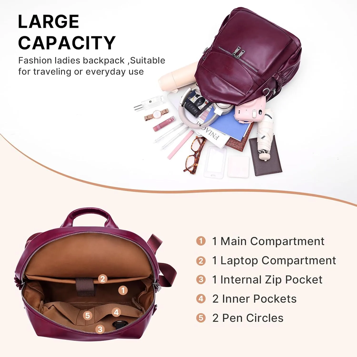 PU Leather Backpack Purse for Women, 12.9 Inch Ladies Fashion Backpack Purse Designer Convertible Travel Backpack (Wine Red)