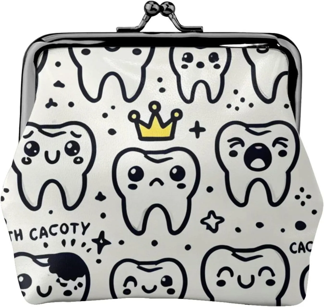 Pu Leather Buckle Coin Purse Teeth-Expressions-Crowns Girls Kiss-Lock Change Purse Wallets
