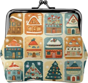 Pu Leather Buckle Coin Purse Xmas-Gingerbread-Houses Girls Kiss-Lock Change Purse Wallets