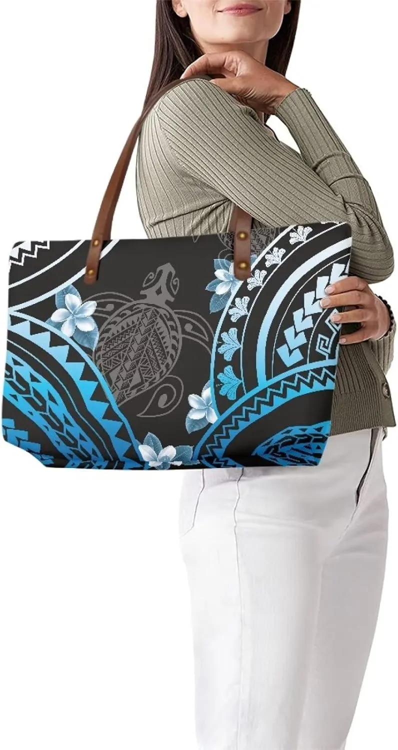 PU Leather Purse Samoan Polynesian Tribal Large Capacity Tote Bag Shoulder Bags Wallet Set 2pcs Shoulder Bags