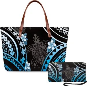PU Leather Purse Samoan Polynesian Tribal Large Capacity Tote Bag Shoulder Bags Wallet Set 2pcs Shoulder Bags