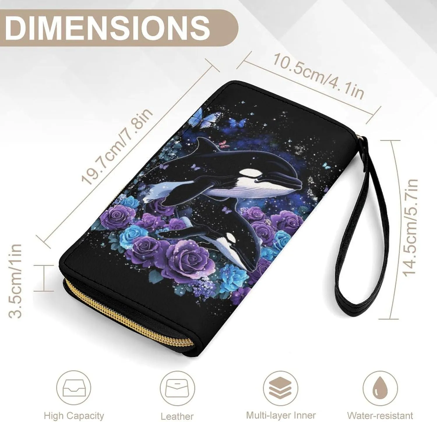 Purple Rose Killer Whale Purse for Women Wallets Wallet Butterfly Clutch Galaxy Wristlet Wallets Cash Zip Pouch Leather Wallets Coin Charge Pocket Ladies Money Bag