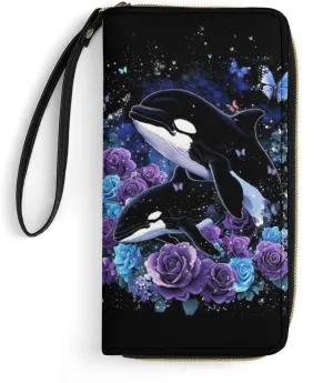 Purple Rose Killer Whale Purse for Women Wallets Wallet Butterfly Clutch Galaxy Wristlet Wallets Cash Zip Pouch Leather Wallets Coin Charge Pocket Ladies Money Bag