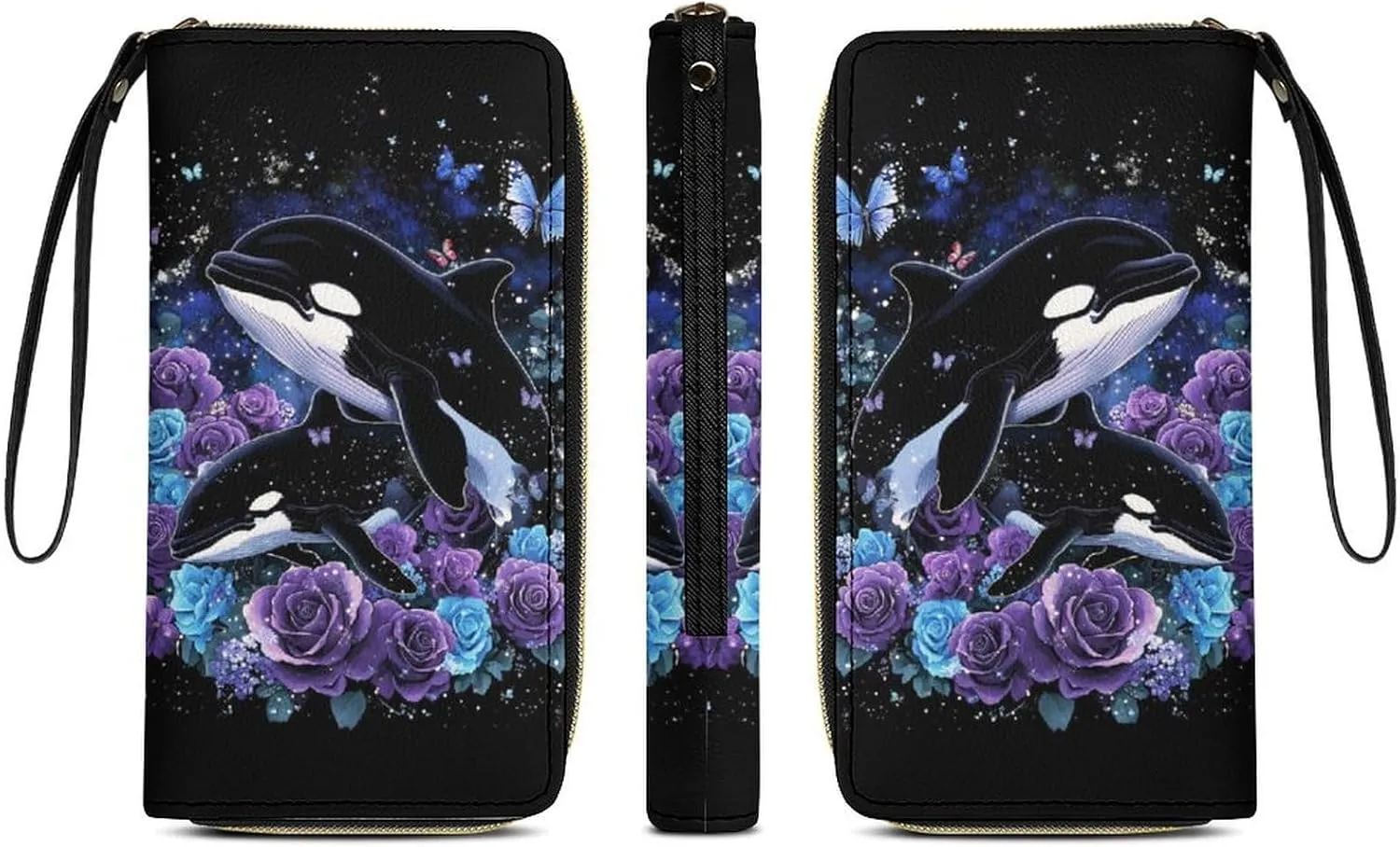Purple Rose Killer Whale Purse for Women Wallets Wallet Butterfly Clutch Galaxy Wristlet Wallets Cash Zip Pouch Leather Wallets Coin Charge Pocket Ladies Money Bag
