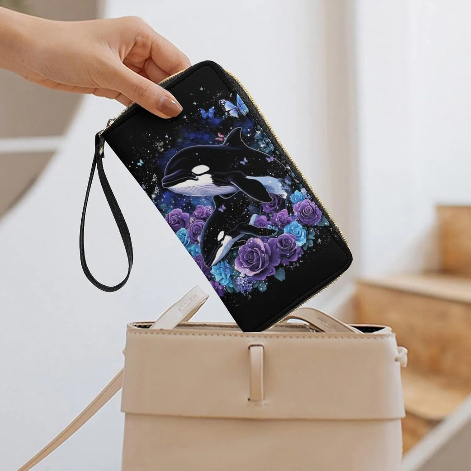Purple Rose Killer Whale Purse for Women Wallets Wallet Butterfly Clutch Galaxy Wristlet Wallets Cash Zip Pouch Leather Wallets Coin Charge Pocket Ladies Money Bag