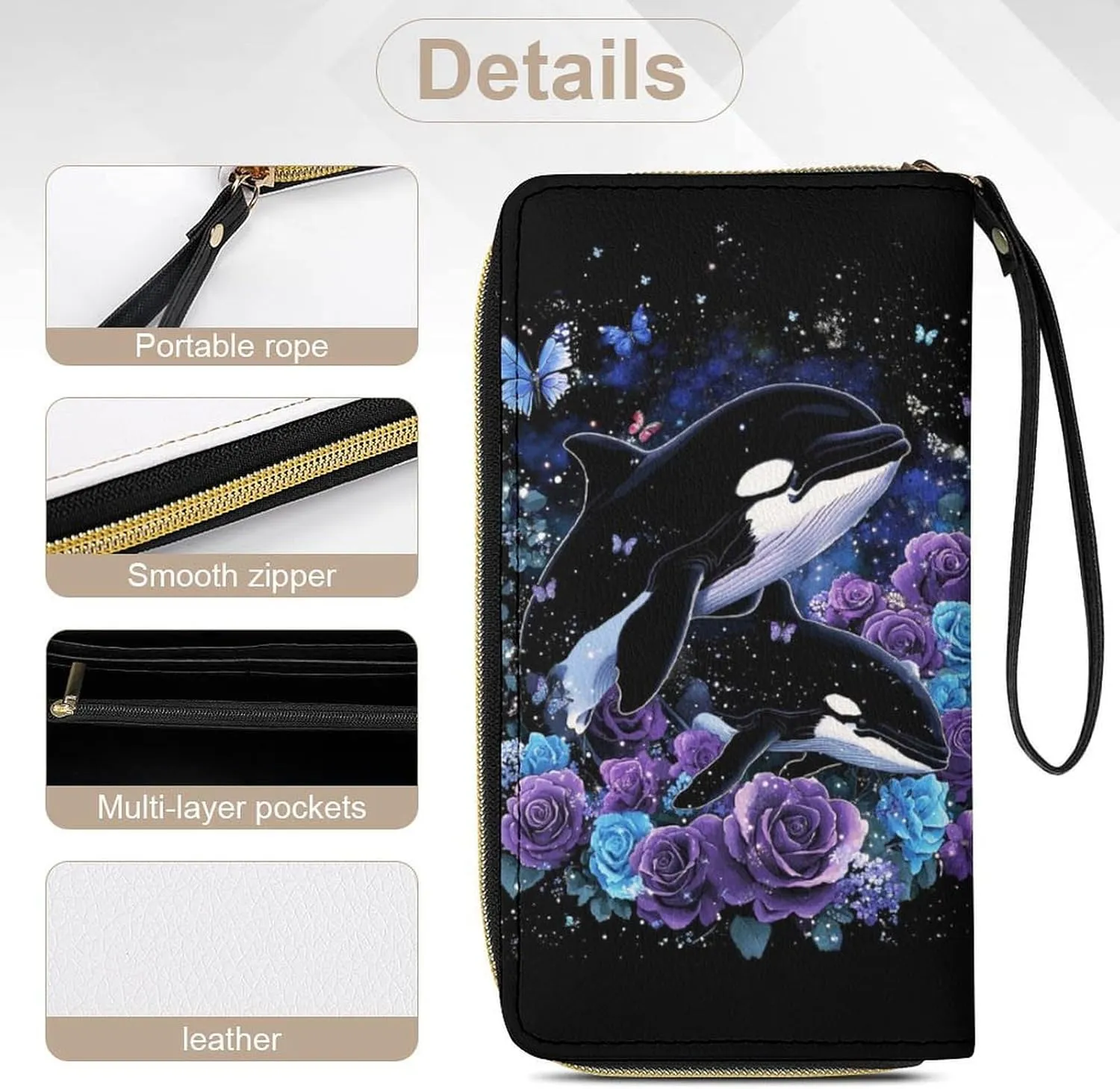 Purple Rose Killer Whale Purse for Women Wallets Wallet Butterfly Clutch Galaxy Wristlet Wallets Cash Zip Pouch Leather Wallets Coin Charge Pocket Ladies Money Bag