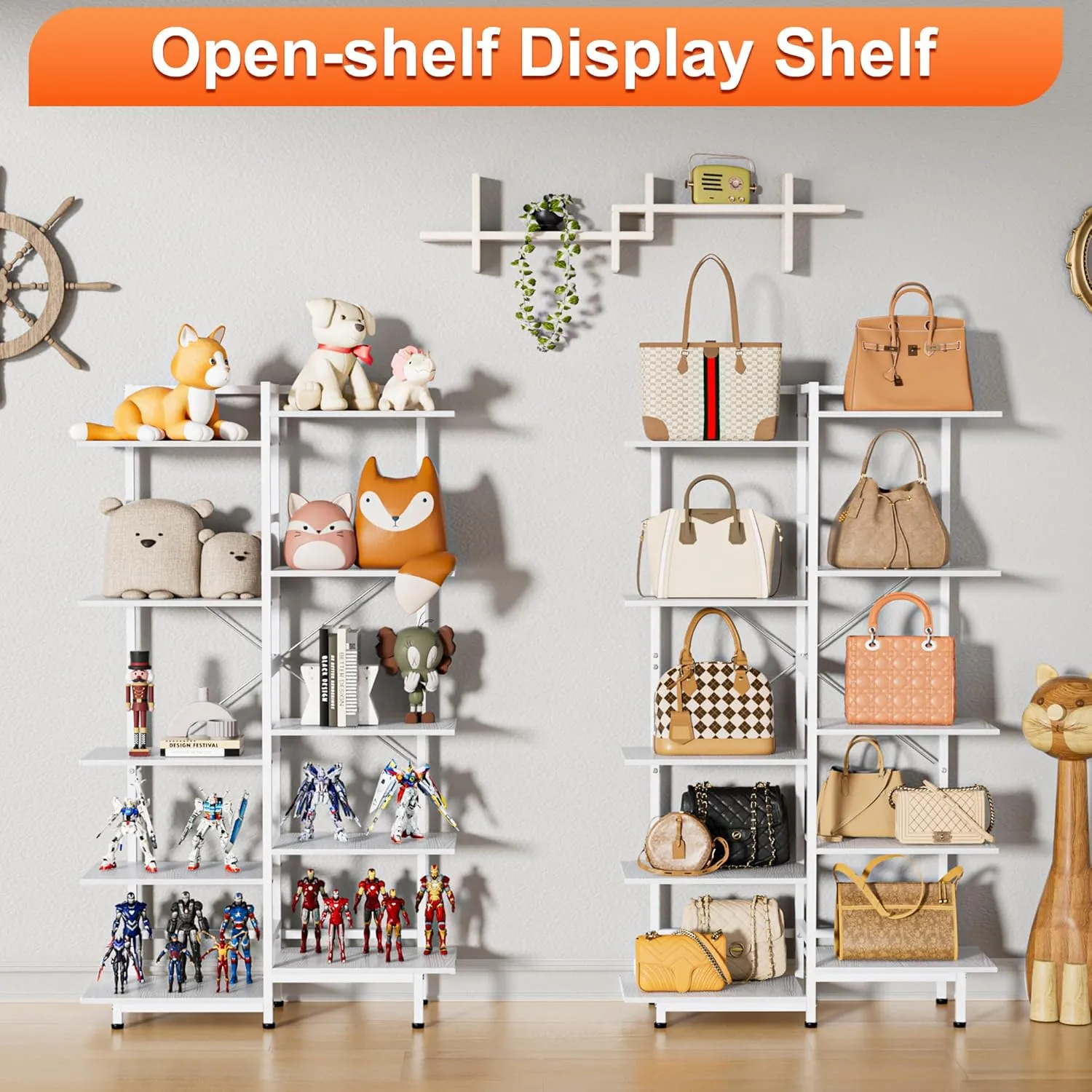 Purse Display Shelf Organizer – 5 Tier White Large Storage Rack with Multiple Shelves for Handbags, Purses, and Bags - Perfect Closet Stand for Woman Luxury Organization, Display, and Storage Cabinet