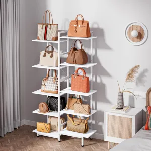 Purse Display Shelf Organizer – 5 Tier White Large Storage Rack with Multiple Shelves for Handbags, Purses, and Bags - Perfect Closet Stand for Woman Luxury Organization, Display, and Storage Cabinet