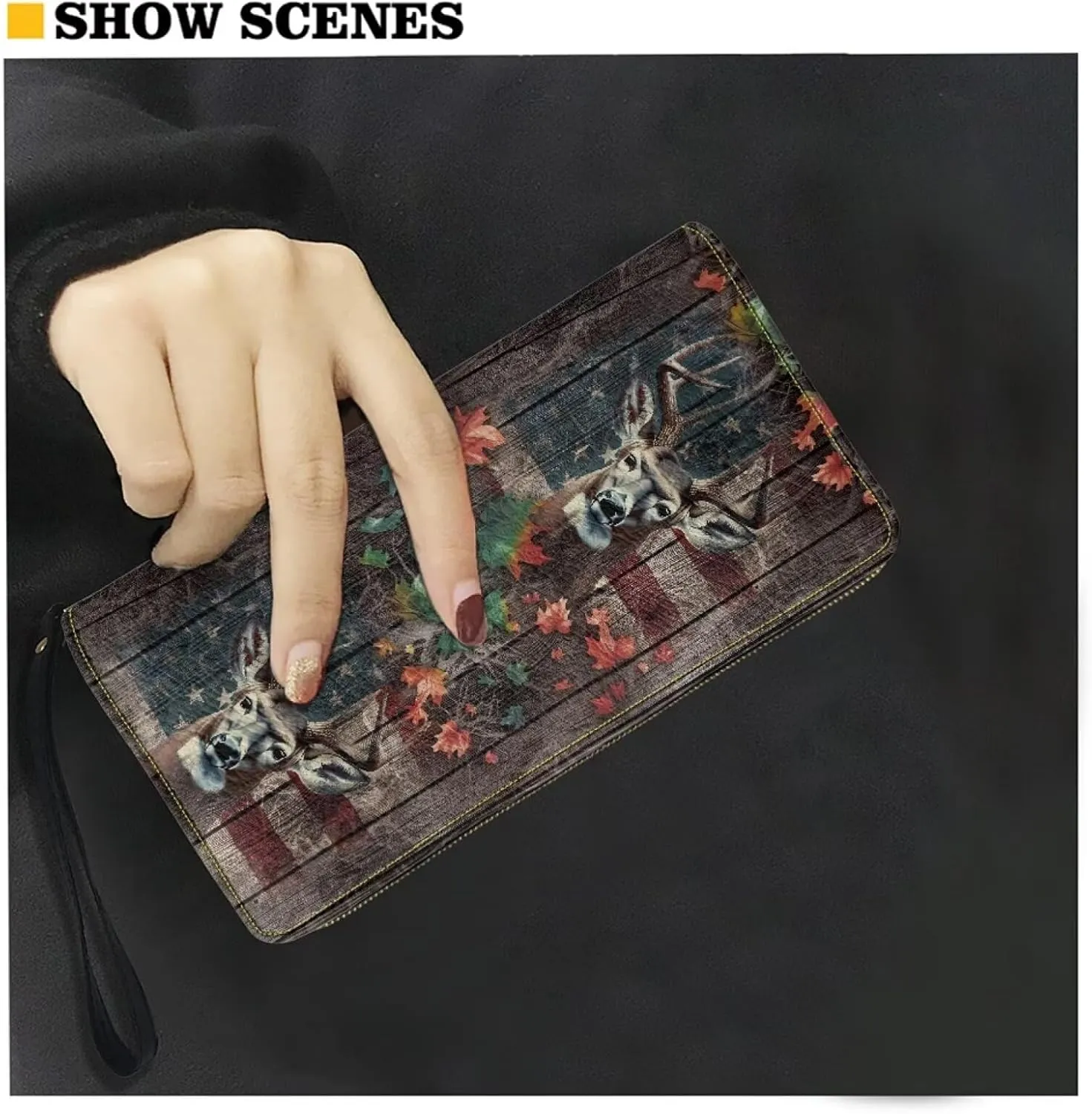 Purse for Men Deer Flowers Flag Zipper Wallets with Coin Pocket Card Holder Zip Around Money Clips Phone Holder