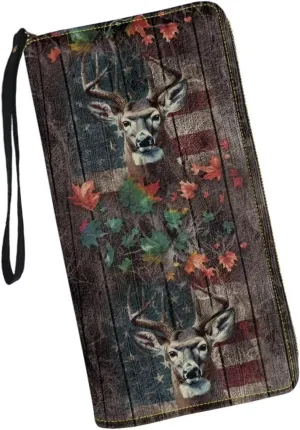 Purse for Men Deer Flowers Flag Zipper Wallets with Coin Pocket Card Holder Zip Around Money Clips Phone Holder