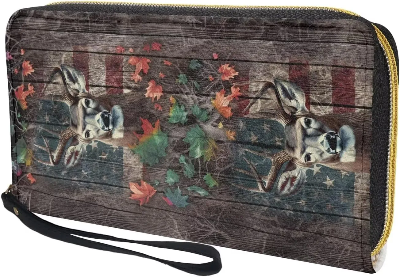 Purse for Men Deer Flowers Flag Zipper Wallets with Coin Pocket Card Holder Zip Around Money Clips Phone Holder
