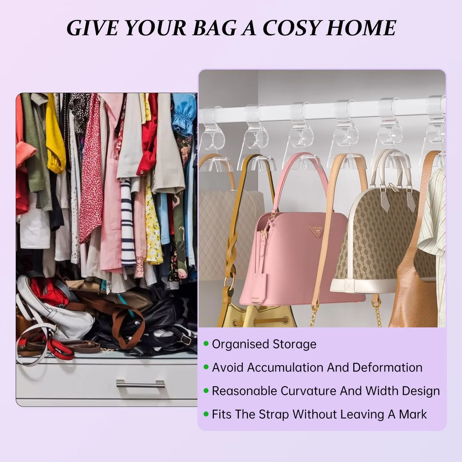 Purse Hanger for Closet 6 Pcs, Acrylic Purse Organizer Hooks, Handbags Hanging Holder for Bag Scarf Belt, Clear