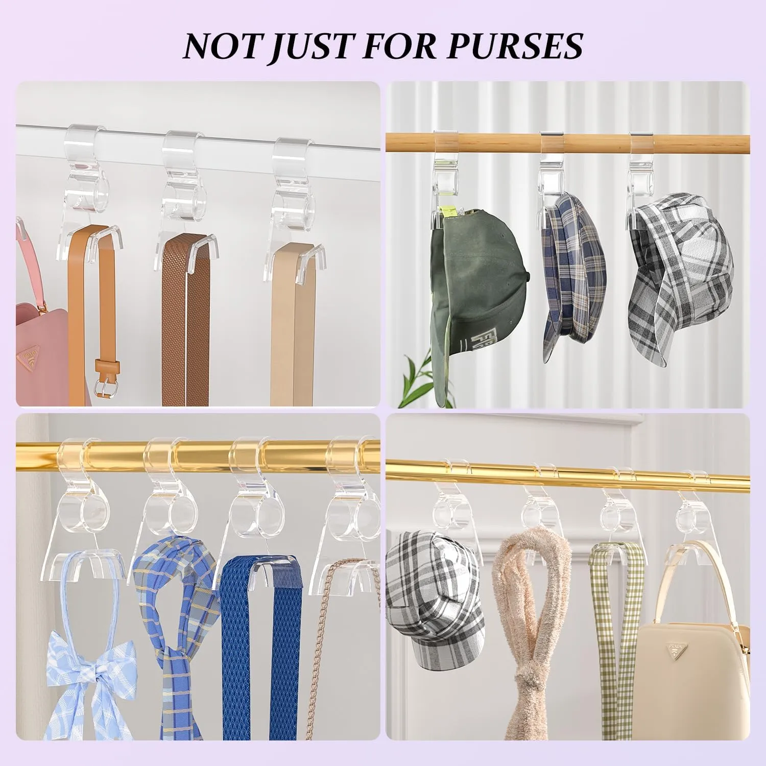 Purse Hanger for Closet 6 Pcs, Acrylic Purse Organizer Hooks, Handbags Hanging Holder for Bag Scarf Belt, Clear