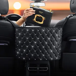Purse Holder for Car Durable Pu Leather Car Net Pocket Car Seat Storage Net Handbag Driver Storage Netting Pouch Seat Back Net Bag Backseat Pet Kids Barrier (Black with Diamond)