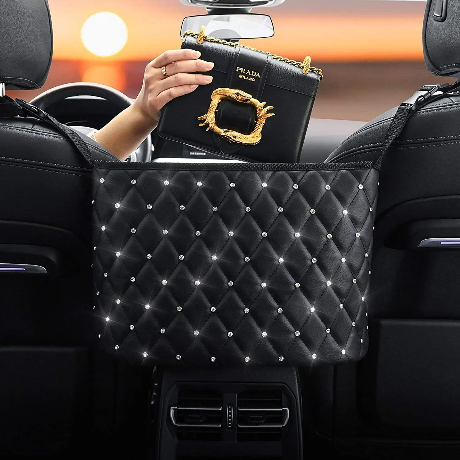 Purse Holder for Car Durable Pu Leather Car Net Pocket Car Seat Storage Net Handbag Driver Storage Netting Pouch Seat Back Net Bag Backseat Pet Kids Barrier (Black with Diamond)