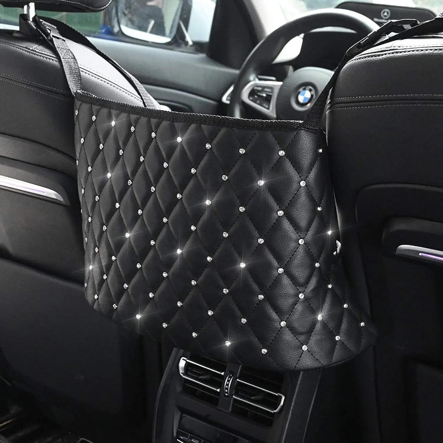 Purse Holder for Car Durable Pu Leather Car Net Pocket Car Seat Storage Net Handbag Driver Storage Netting Pouch Seat Back Net Bag Backseat Pet Kids Barrier (Black with Diamond)