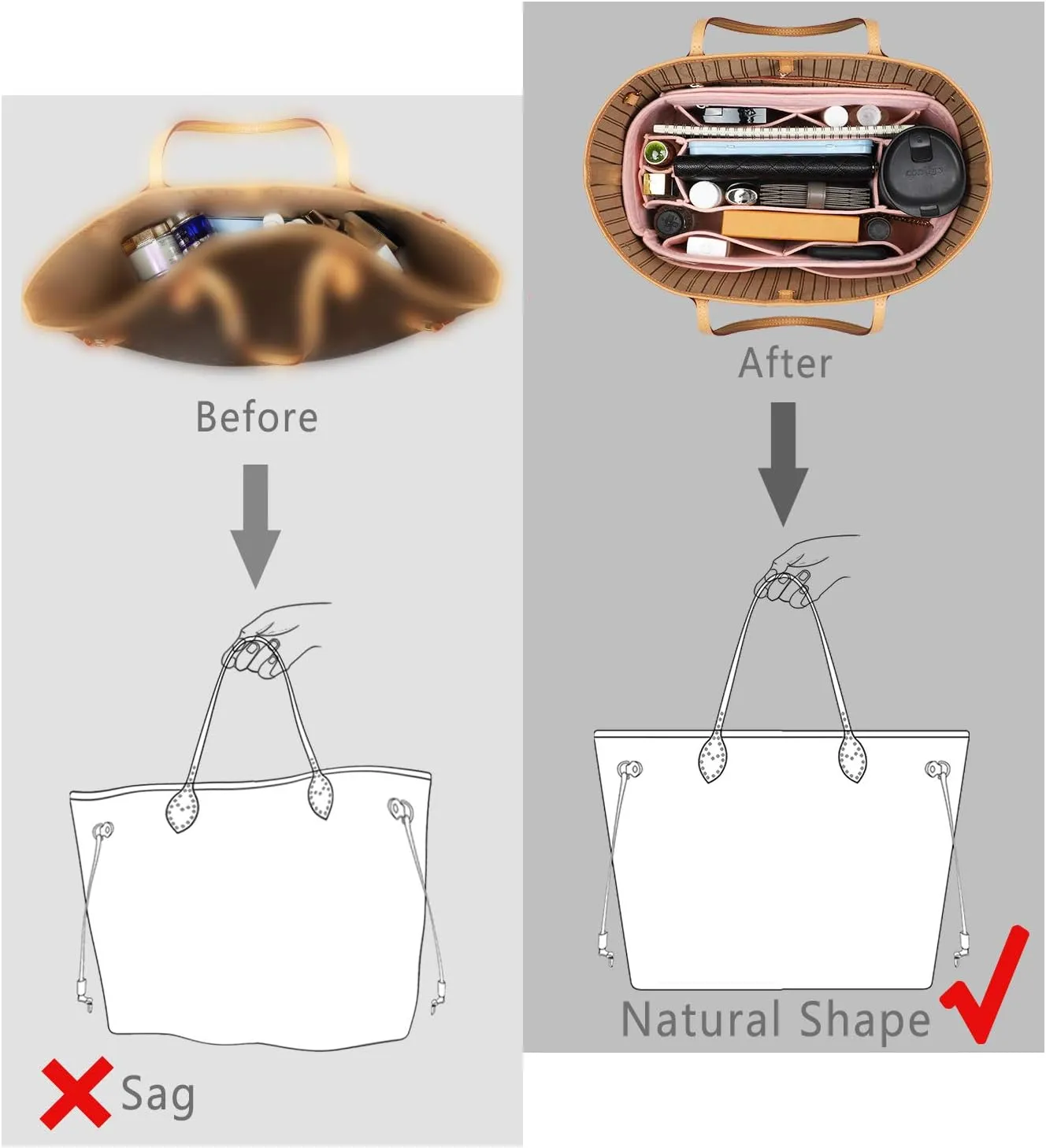 Purse Organizer Insert, Felt Purse Organizer with Zipper and Sewn Bottom Insert, Fit Speedy Neverfull Graceful,6 Sizes