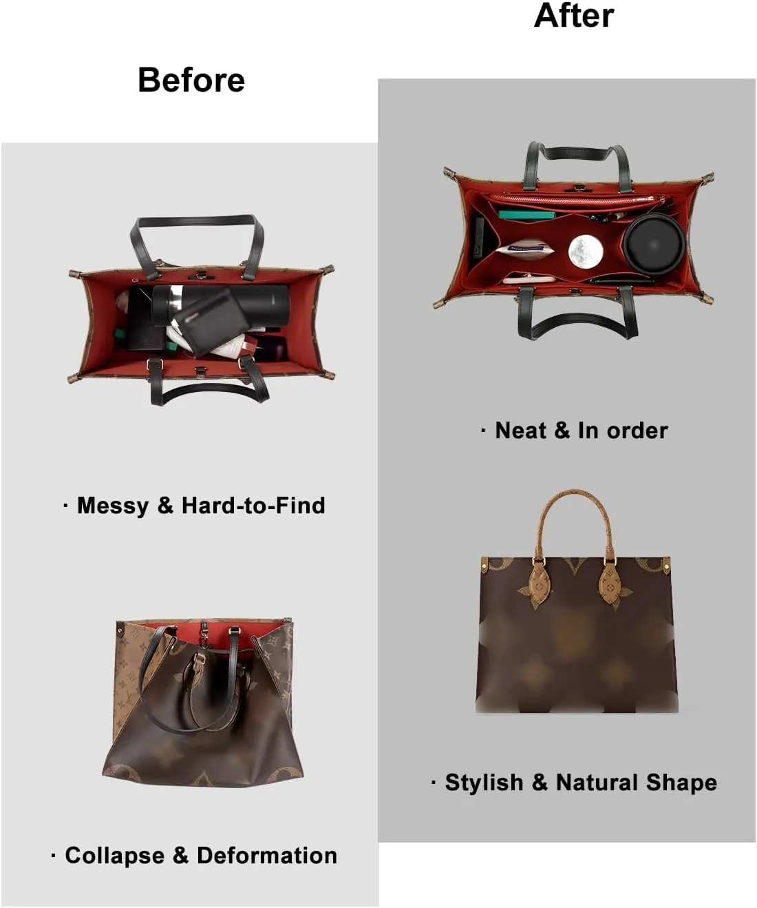 Purse Organizer Insert For Handbags, Tote Bag Organizer Insert, Handbag Organizer For Tote & Handbags, Compatible with Neverful Speedy and More (Slender Large,Red)