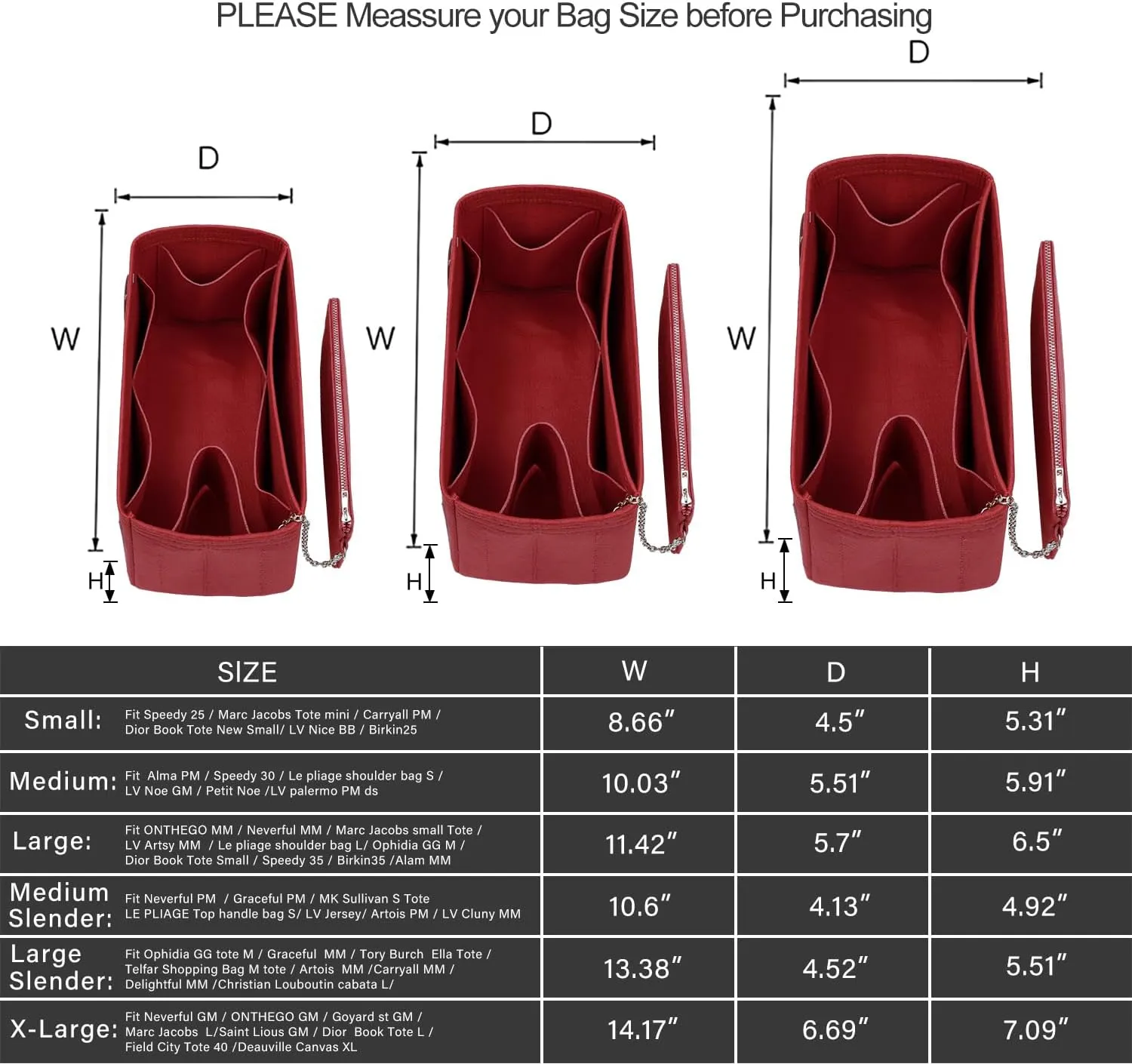 Purse Organizer Insert For Handbags, Tote Bag Organizer Insert, Handbag Organizer For Tote & Handbags, Compatible with Neverful Speedy and More (Slender Large,Red)