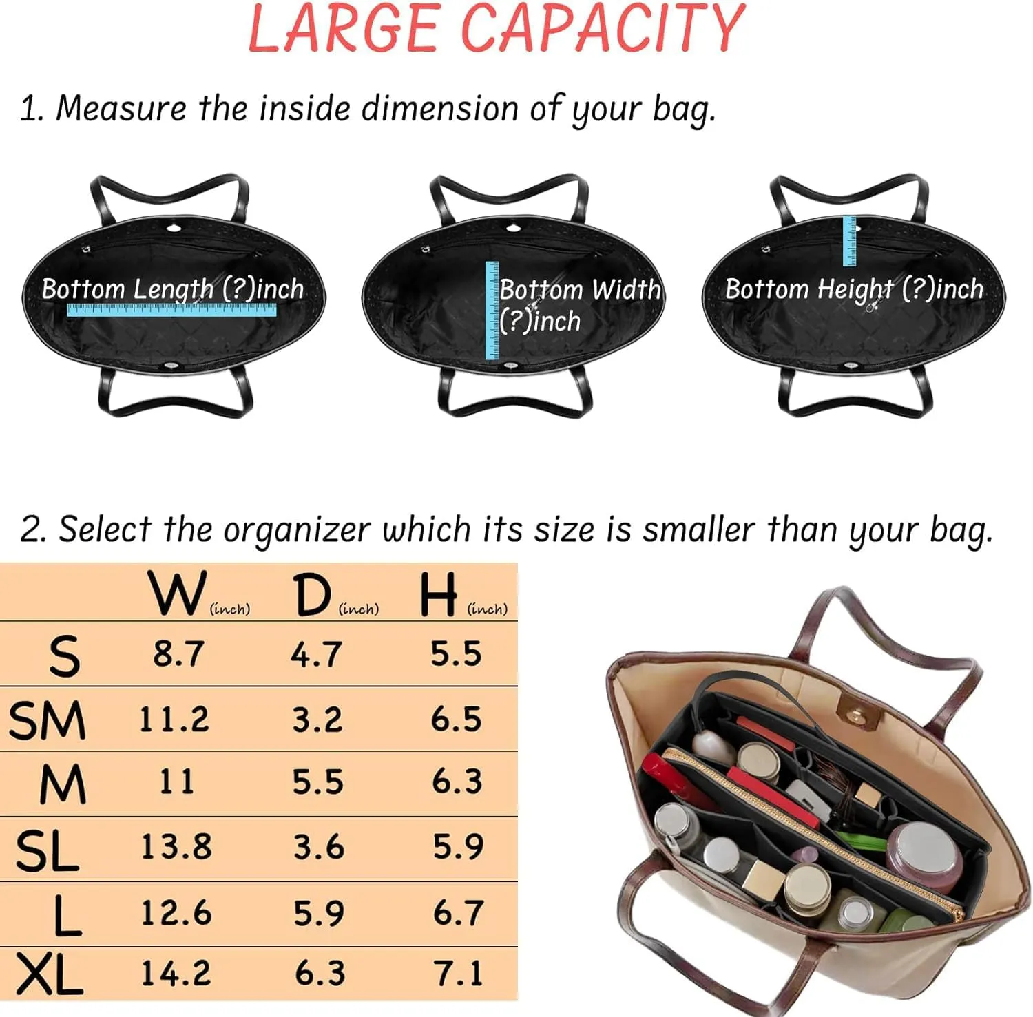Purse Organizer Insert with Zipper & Key Chain Felt Bag Organizer for Tote Purse Handbag Black XLarge
