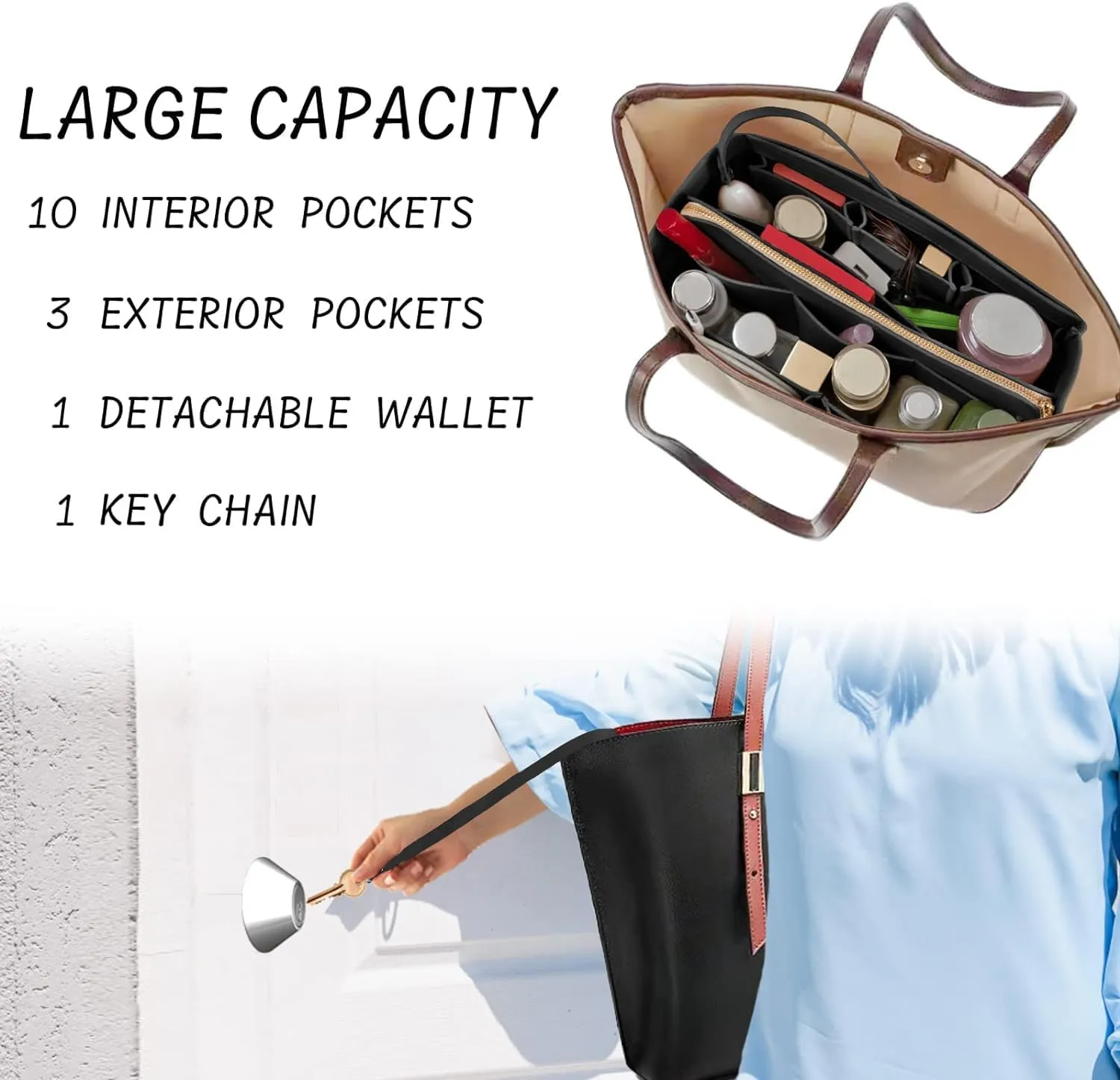 Purse Organizer Insert with Zipper & Key Chain Felt Bag Organizer for Tote Purse Handbag Black XLarge
