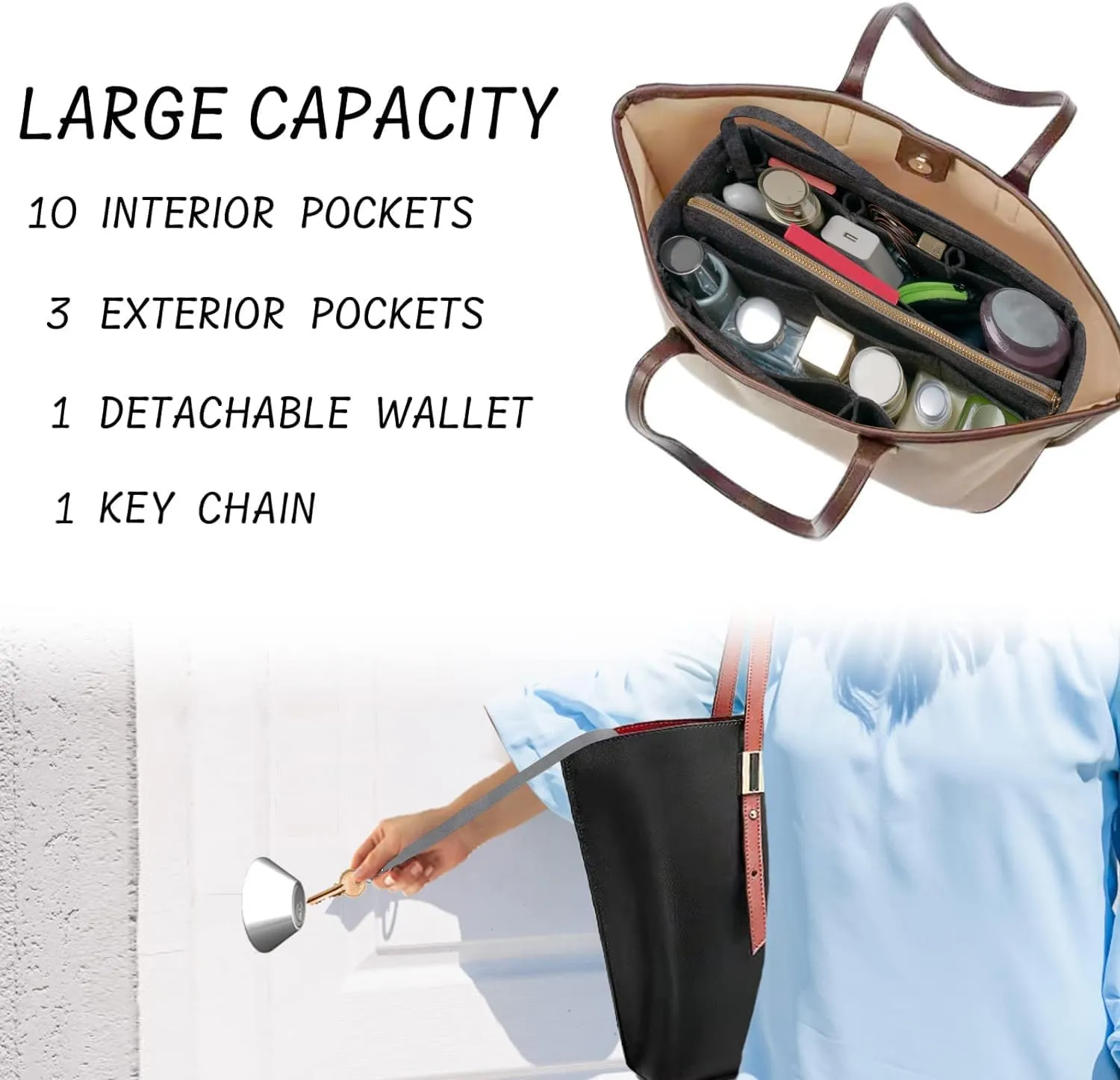 Purse Organizer Insert with Zipper Felt Bag Organizer for Tote Purse Grey Medium