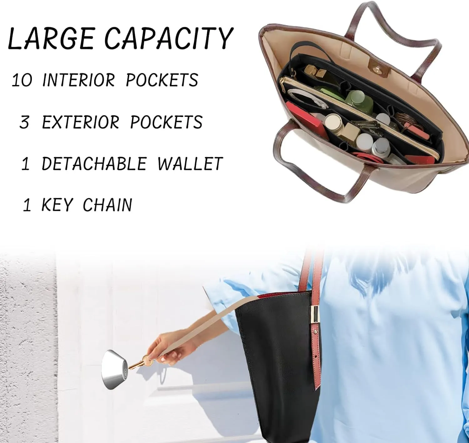 Purse Organizer Insert with Zipper Felt Bag Organizer Handbag Organizer Insert Bag in Bag Organizer with Key Chain for Tote Purse Bag Black Slender-Large