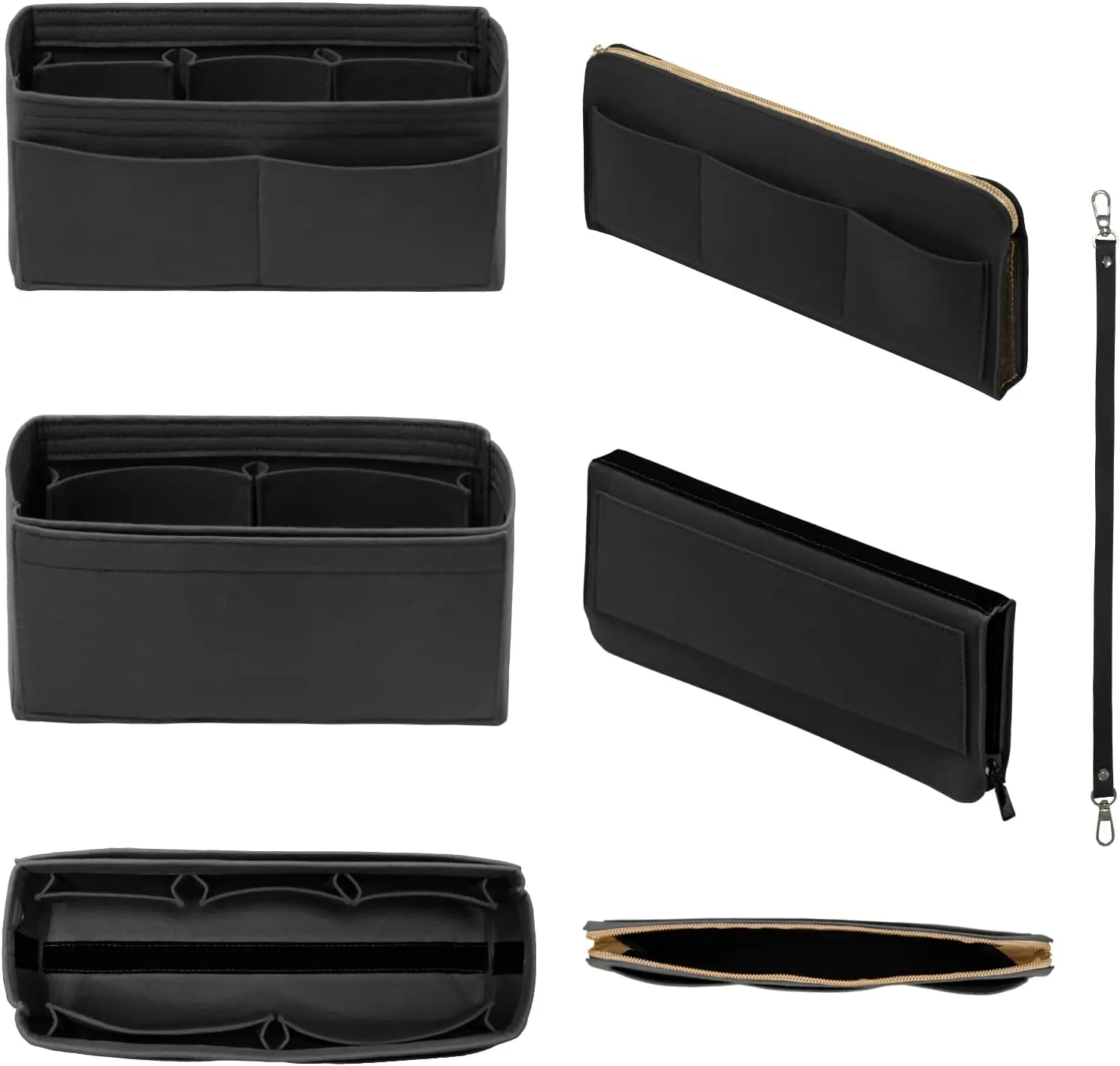 Purse Organizer Insert with Zipper Felt Bag Organizer Handbag Organizer Insert Bag in Bag Organizer with Key Chain for Tote Purse Bag Black Slender-Large