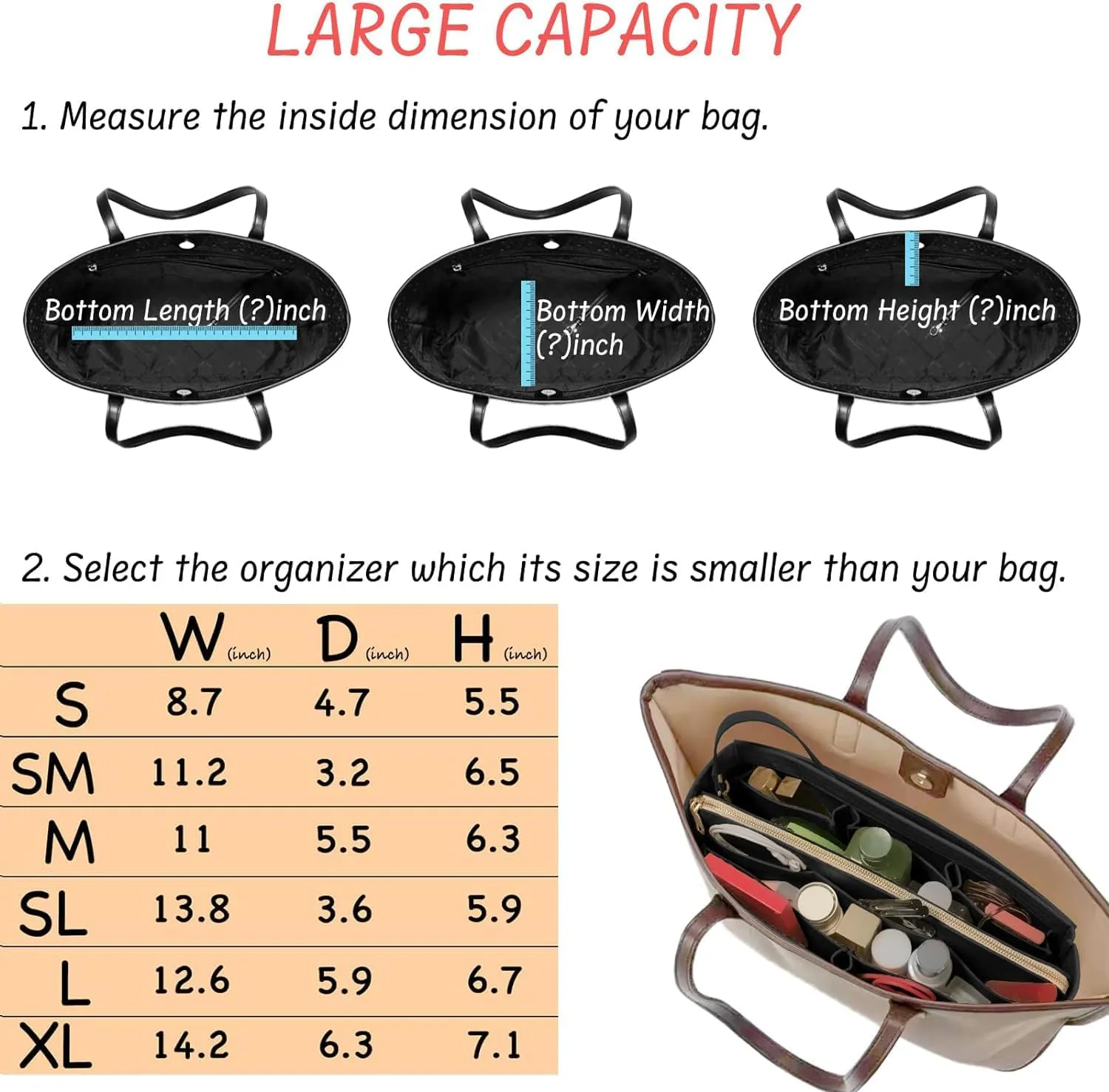 Purse Organizer Insert with Zipper Felt Bag Organizer Handbag Organizer Insert Bag in Bag Organizer with Key Chain for Tote Purse Bag Black Slender-Large