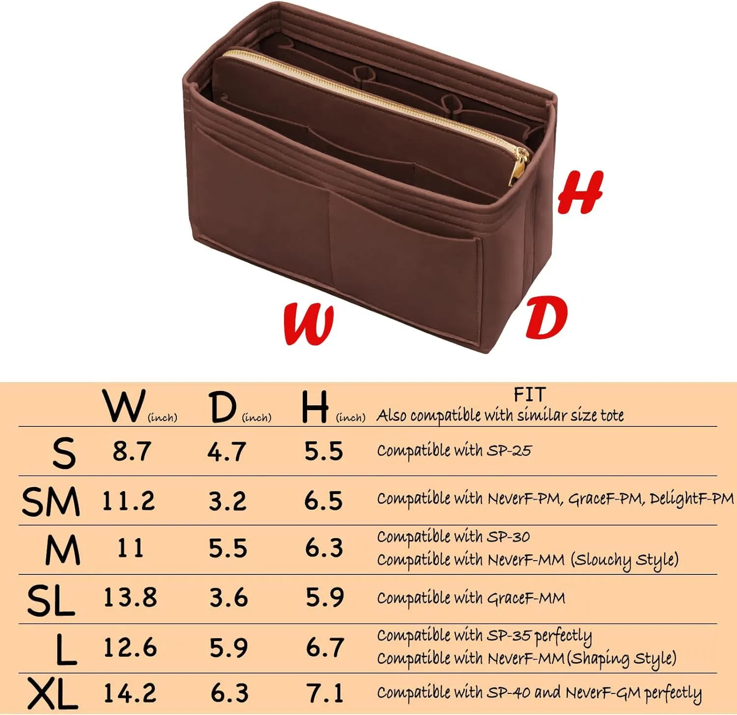 Purse Organizer Insert with Zipper Felt Bag Organizer Handbag Organizer Insert Bag in Bag Organizer with Key Chain for Tote Purse Bag Brown Large