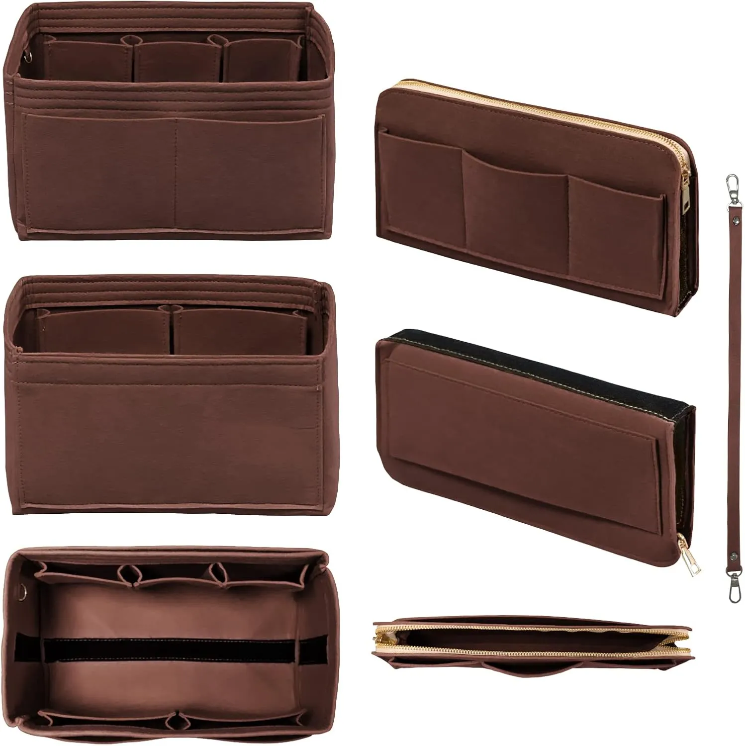 Purse Organizer Insert with Zipper Felt Bag Organizer Handbag Organizer Insert Bag in Bag Organizer with Key Chain for Tote Purse Bag Brown Large