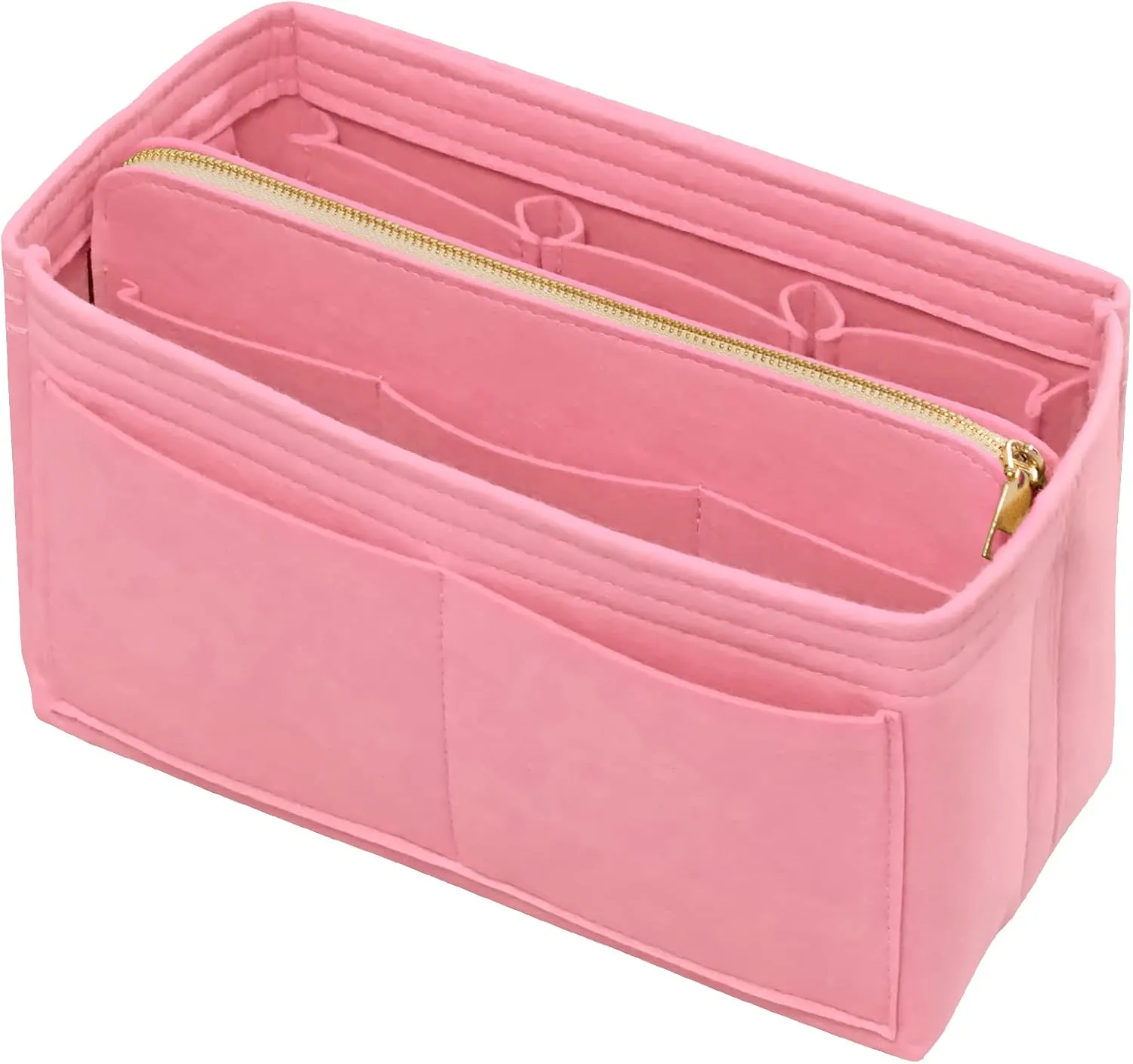 Purse Organizer Insert with Zipper Felt Bag Organizer Handbag Organizer Insert Bag in Bag Organizer with Key Chain for Tote Purse Bag Pink Small