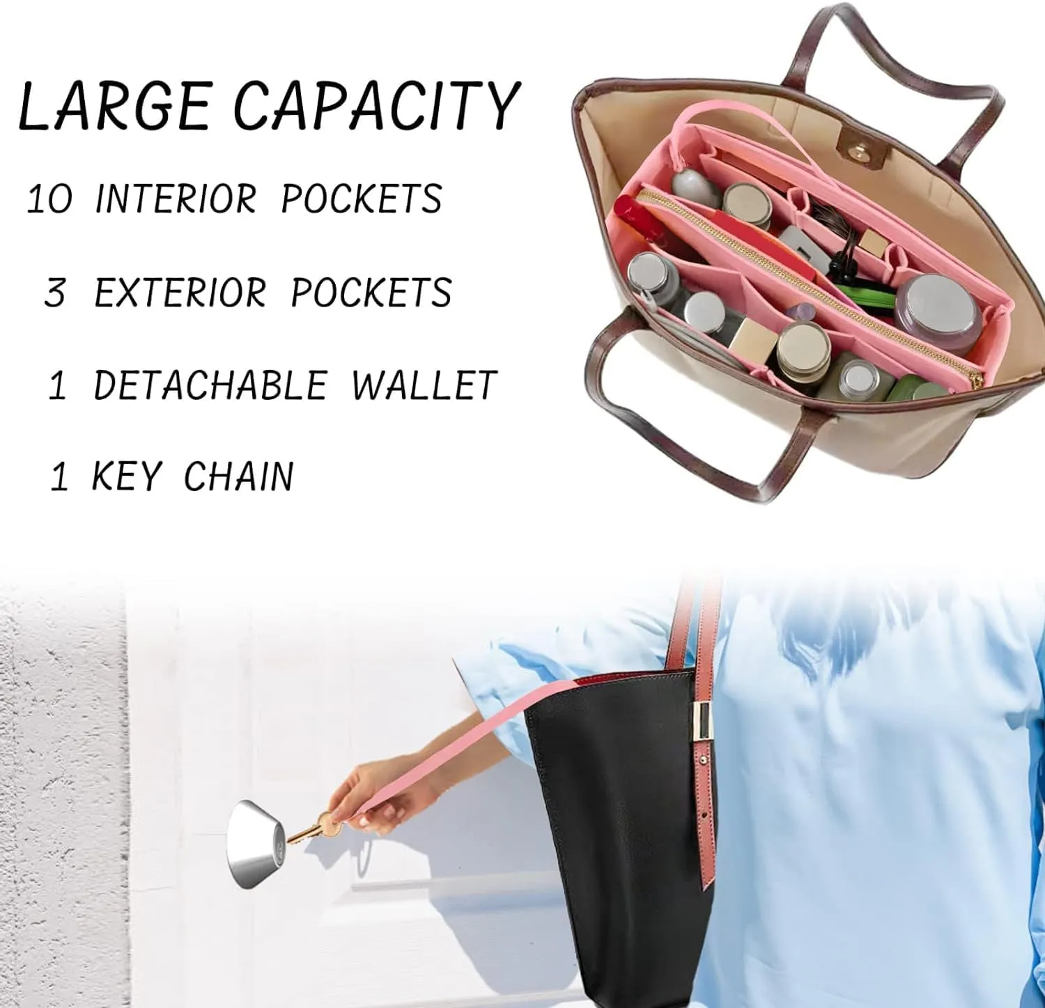 Purse Organizer Insert with Zipper Felt Bag Organizer Handbag Organizer Insert Bag in Bag Organizer with Key Chain for Tote Purse Bag Pink XLarge