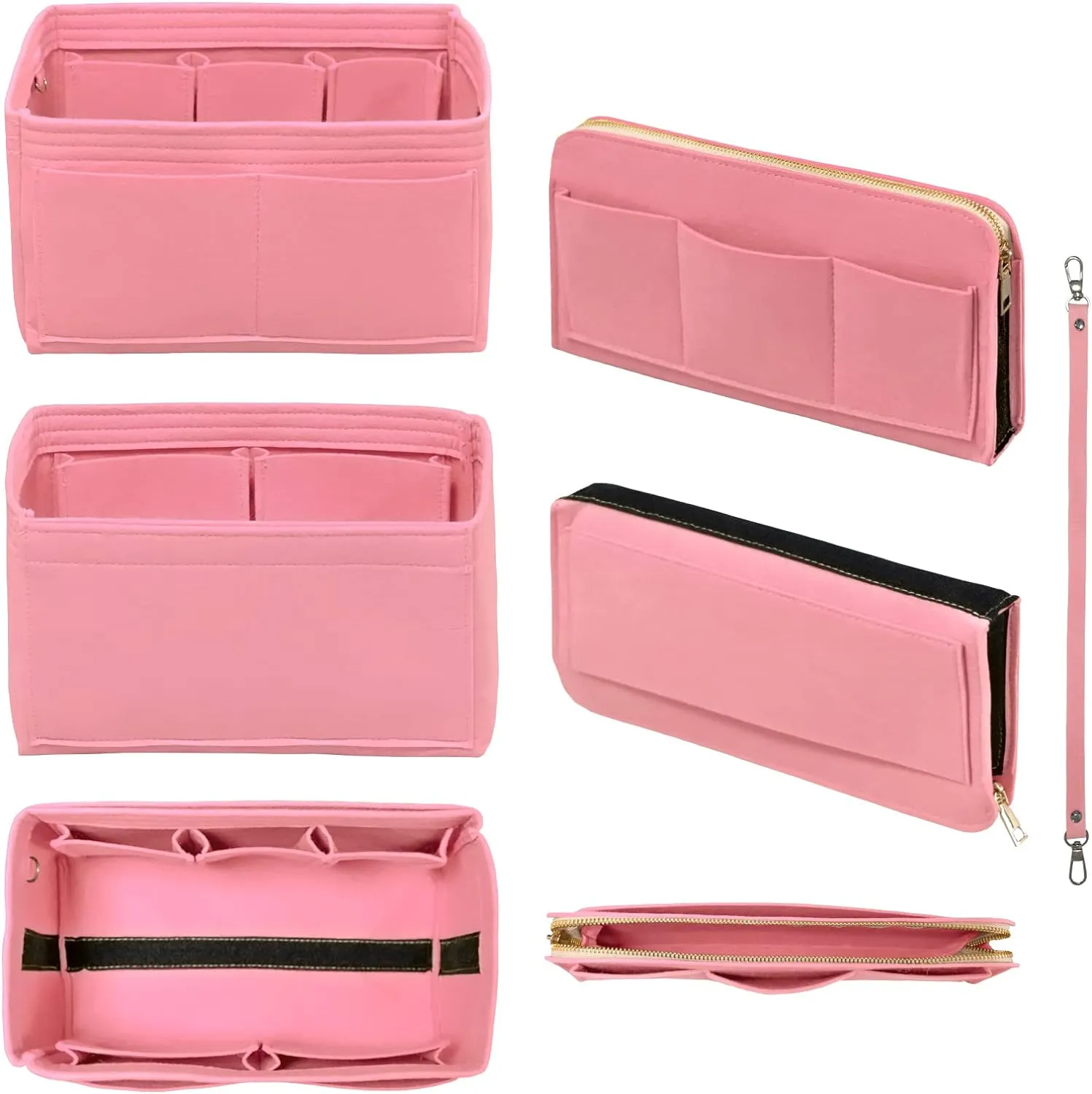 Purse Organizer Insert with Zipper Felt Bag Organizer Handbag Organizer Insert Bag in Bag Organizer with Key Chain for Tote Purse Bag Pink XLarge