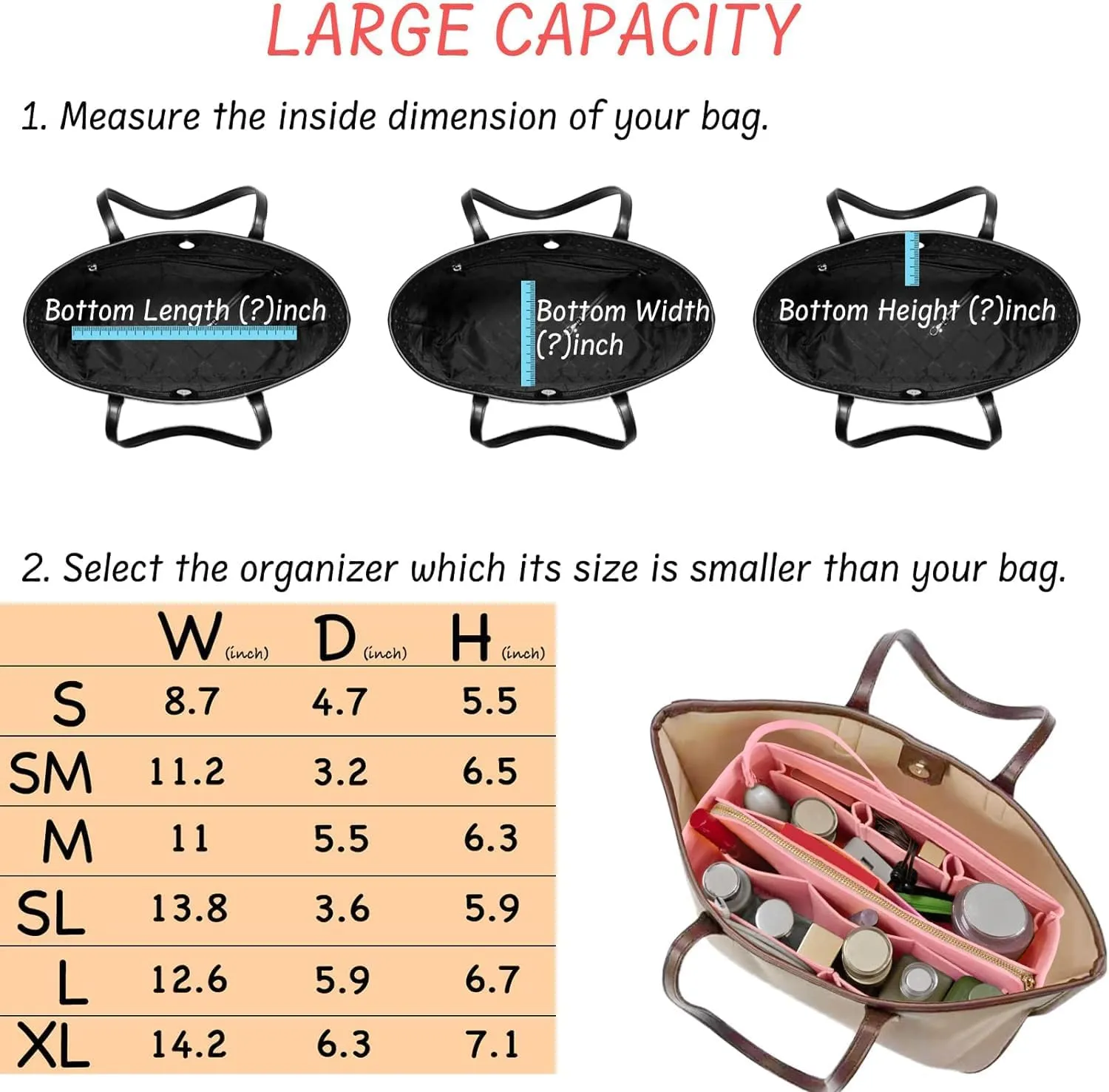 Purse Organizer Insert with Zipper Felt Bag Organizer Handbag Organizer Insert Bag in Bag Organizer with Key Chain for Tote Purse Bag Pink XLarge