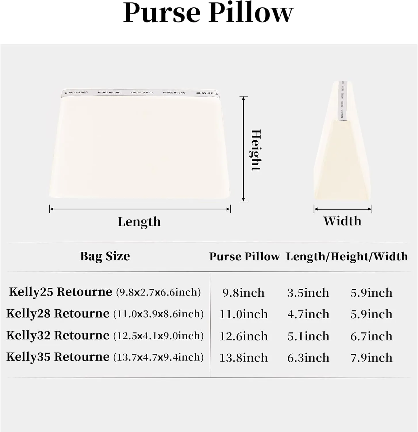 Purse Pillow Insert Compatible with Kelly Bags, Handbag Filler with Soft Satins for Luxury Bags, Soft Purse Inner Pillow with Memory Foam for Handbag Storage (Craie, KE 28 Retourné)