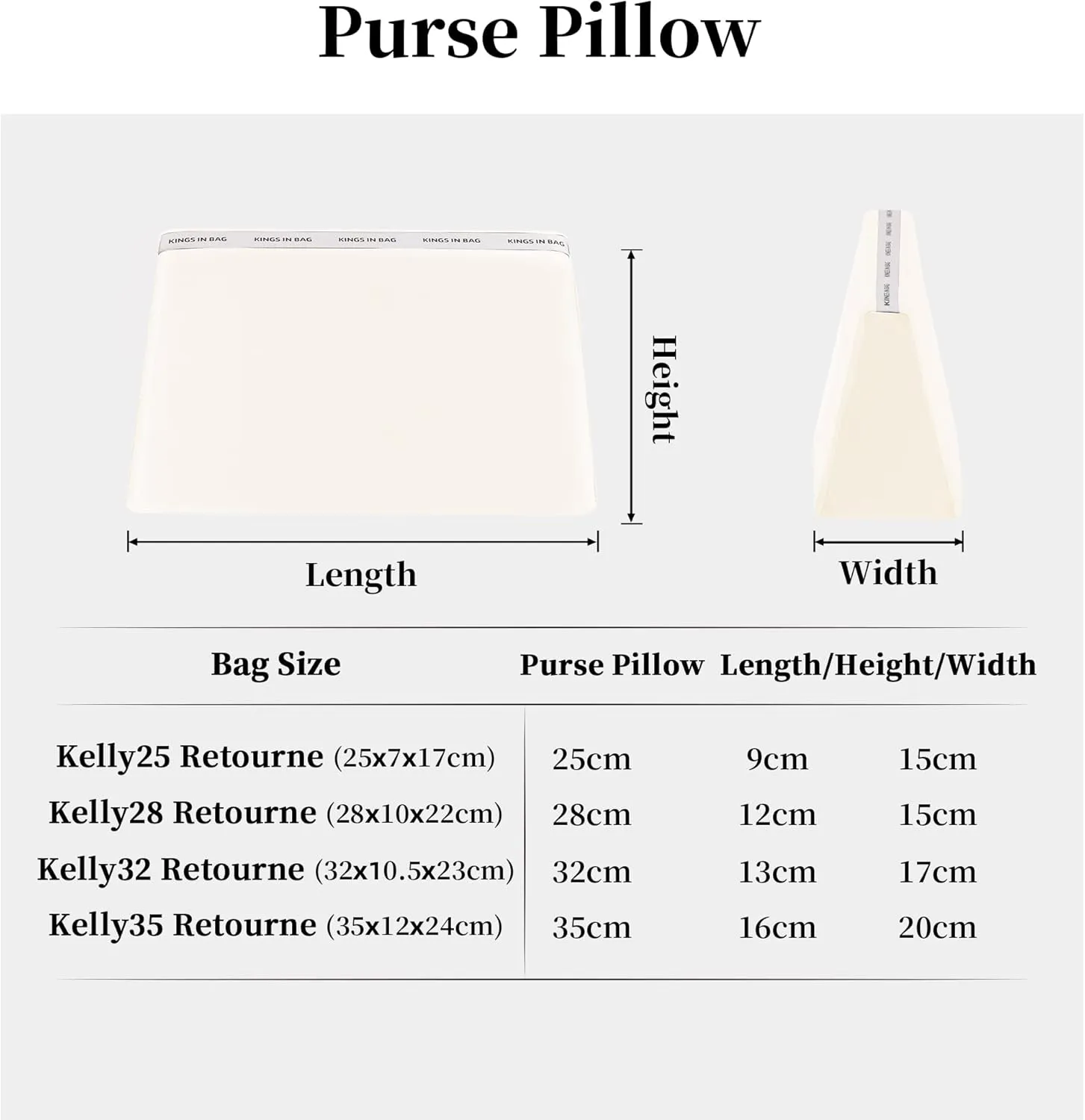 Purse Pillow Insert Compatible with Kelly Bags, Handbag Filler with Soft Satins for Luxury Bags, Soft Purse Inner Pillow with Memory Foam for Handbag Storage (Craie, KE 28 Retourné)